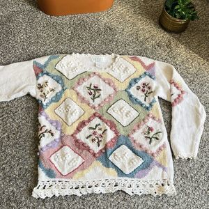 Vintage Sweater Womens Petite S Floral Granny Crotch Hem Pom Pom Grannycore READ